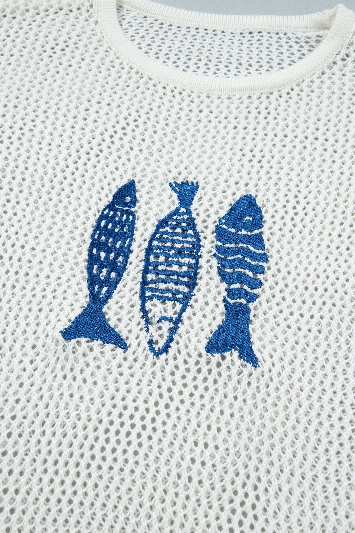 White Open Knit Fish Embroidered Casual Sweater