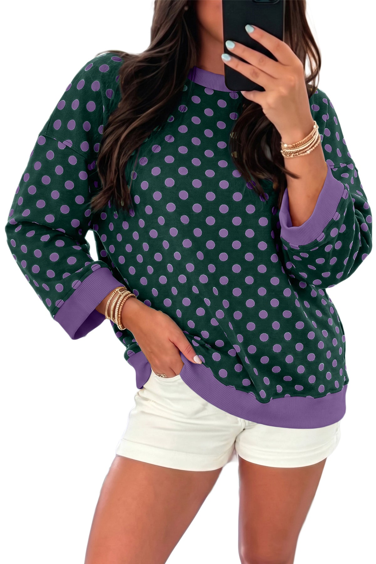 Green Polka Dot Print Contrast Trim Round Neck Bracelet Sleeve Top