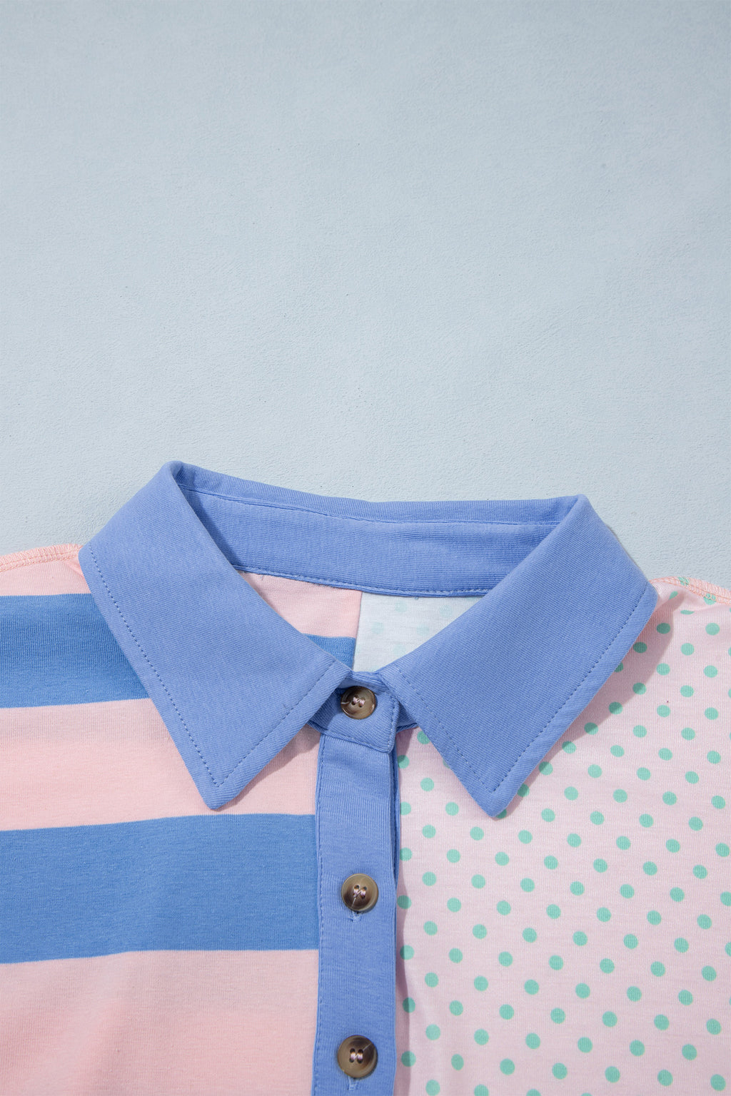 Pink Striped Polka Dot Patchwork Polo Collar Long Sleeve Top
