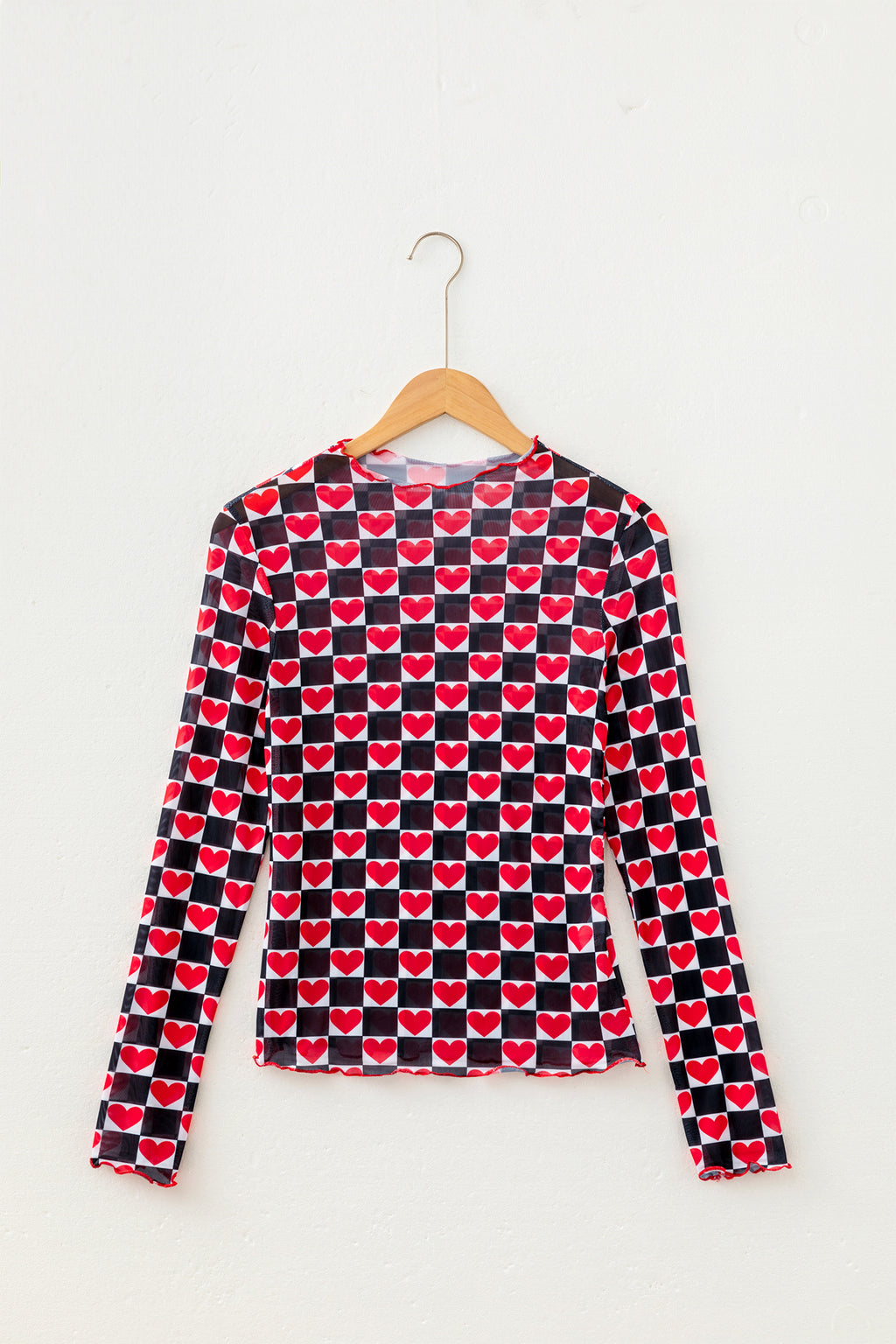 Rose Plaid Heart Mesh Sheer Long Sleeve High Neck Blouse