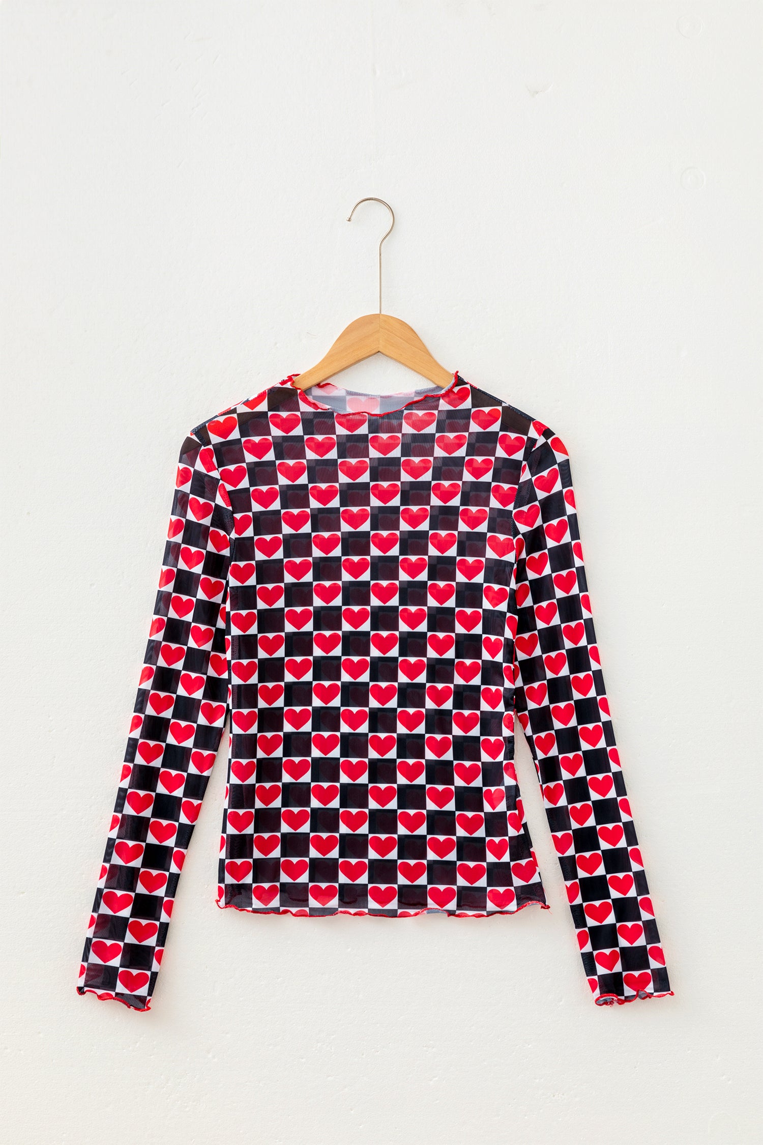 Rose Plaid Heart Mesh Sheer Long Sleeve High Neck Blouse