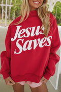 Fiery Red Jesus Saves Slogan Print Stand Neck Baggy Sweatshirt