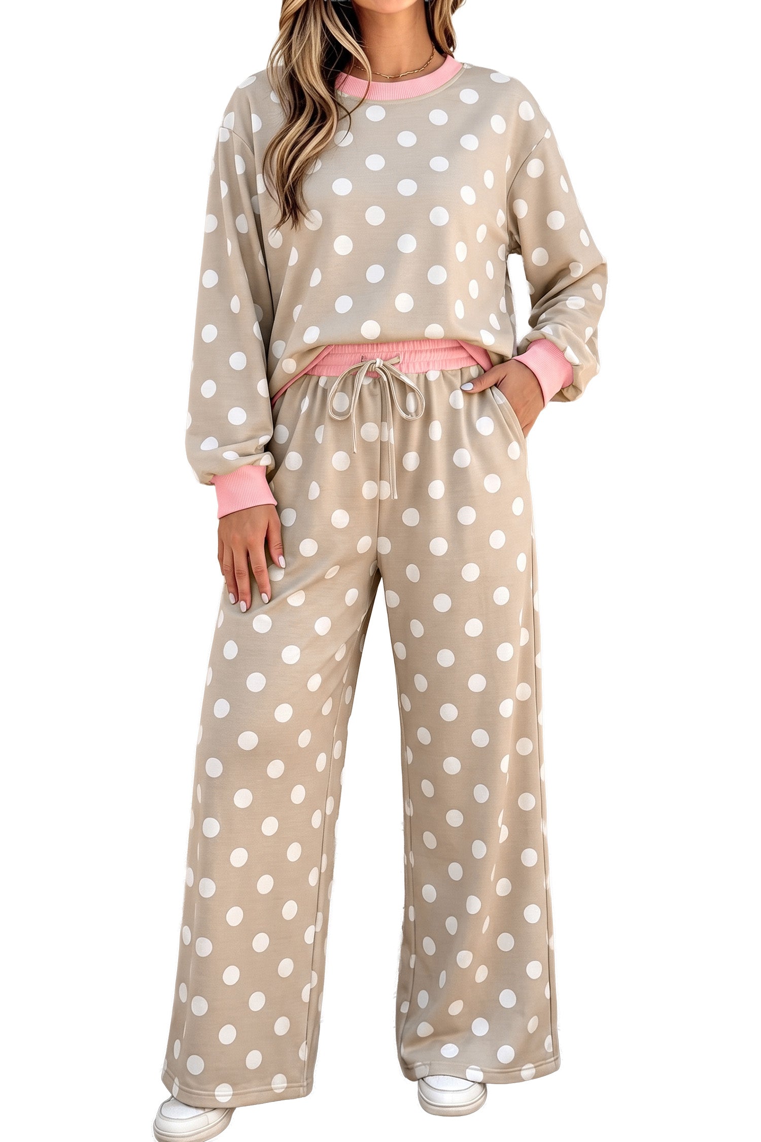 Khaki Polka Dot Contrast Trim Long Sleeve Top Drawstring Shift Pants Set