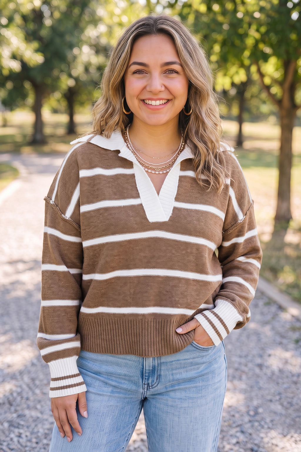 Brown Stripe Striped V Neck Long Sleeve Shift Plus Size Sweater