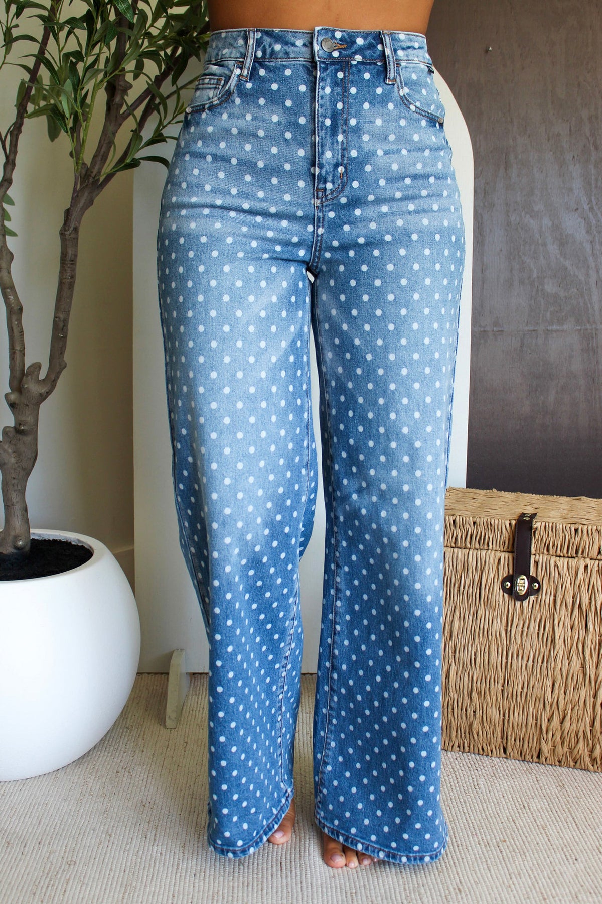 Sky Blue Polka Dot High Waist Shift Jeans