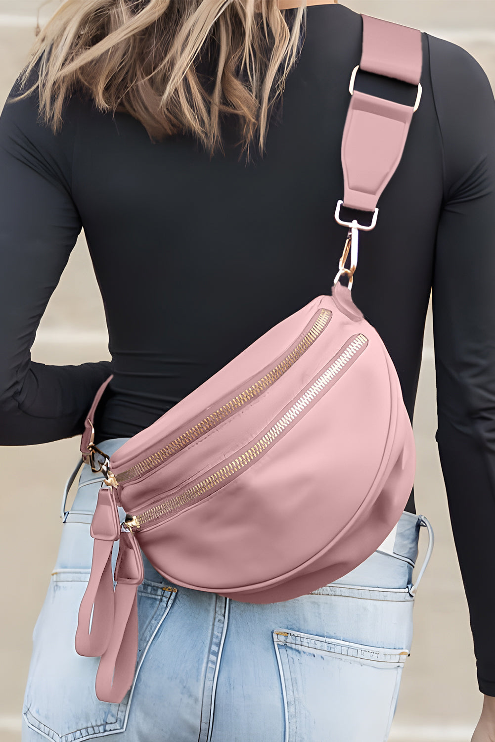 Camel Double Zip Crescent Shape Adjustable Sling Bag
