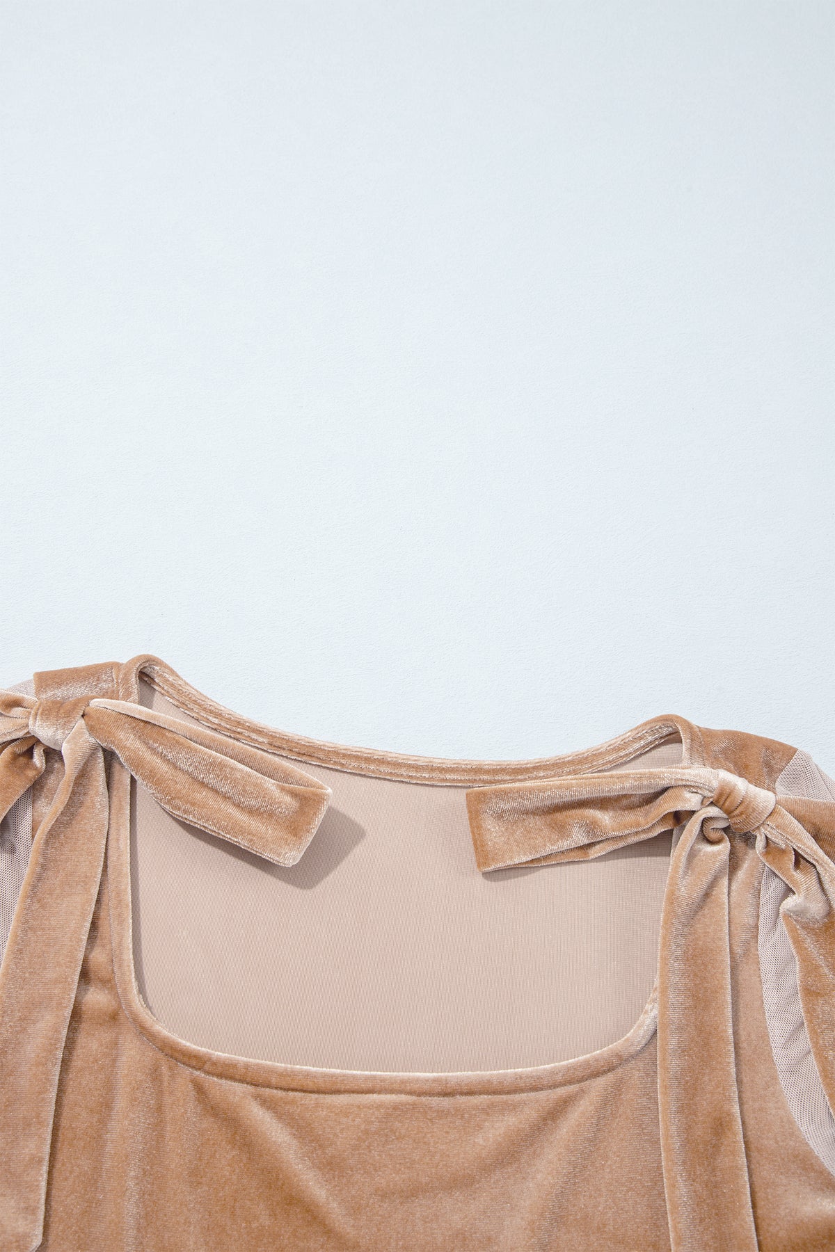 Light French Beige Solid Color Velvet Knot Square Neck Sheer Long Sleeve Bodysuit