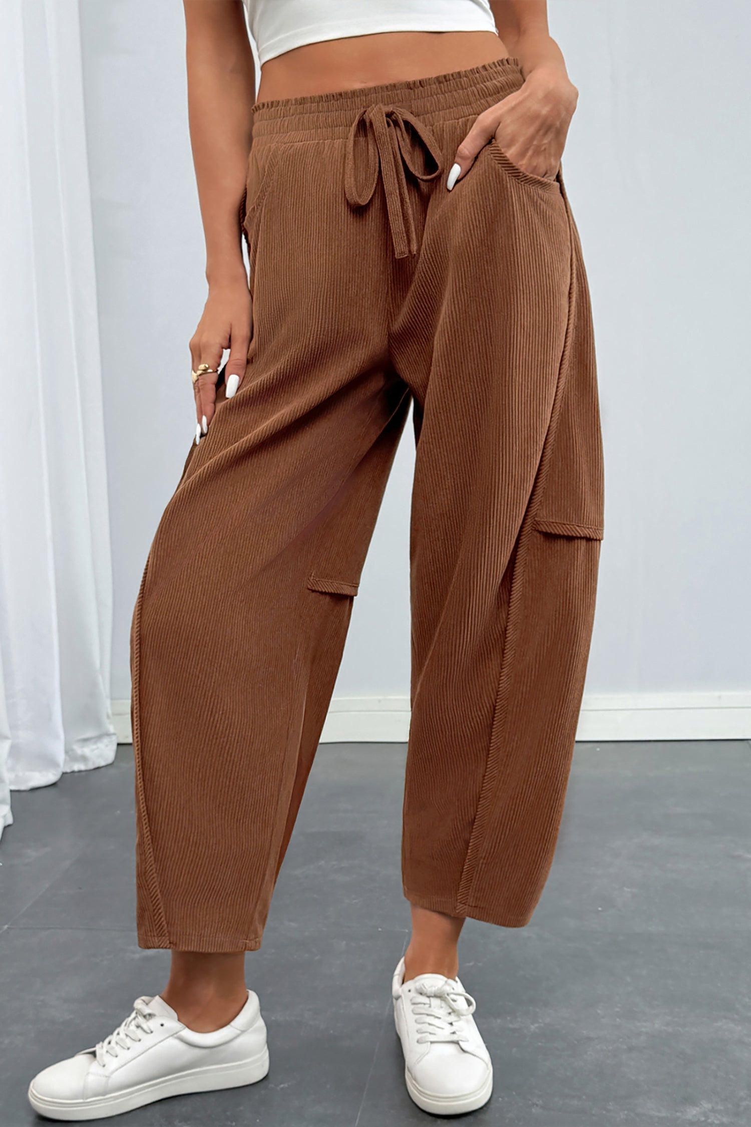 Coffee Corduroy Elastic Waist Drawstring Cargo Pants