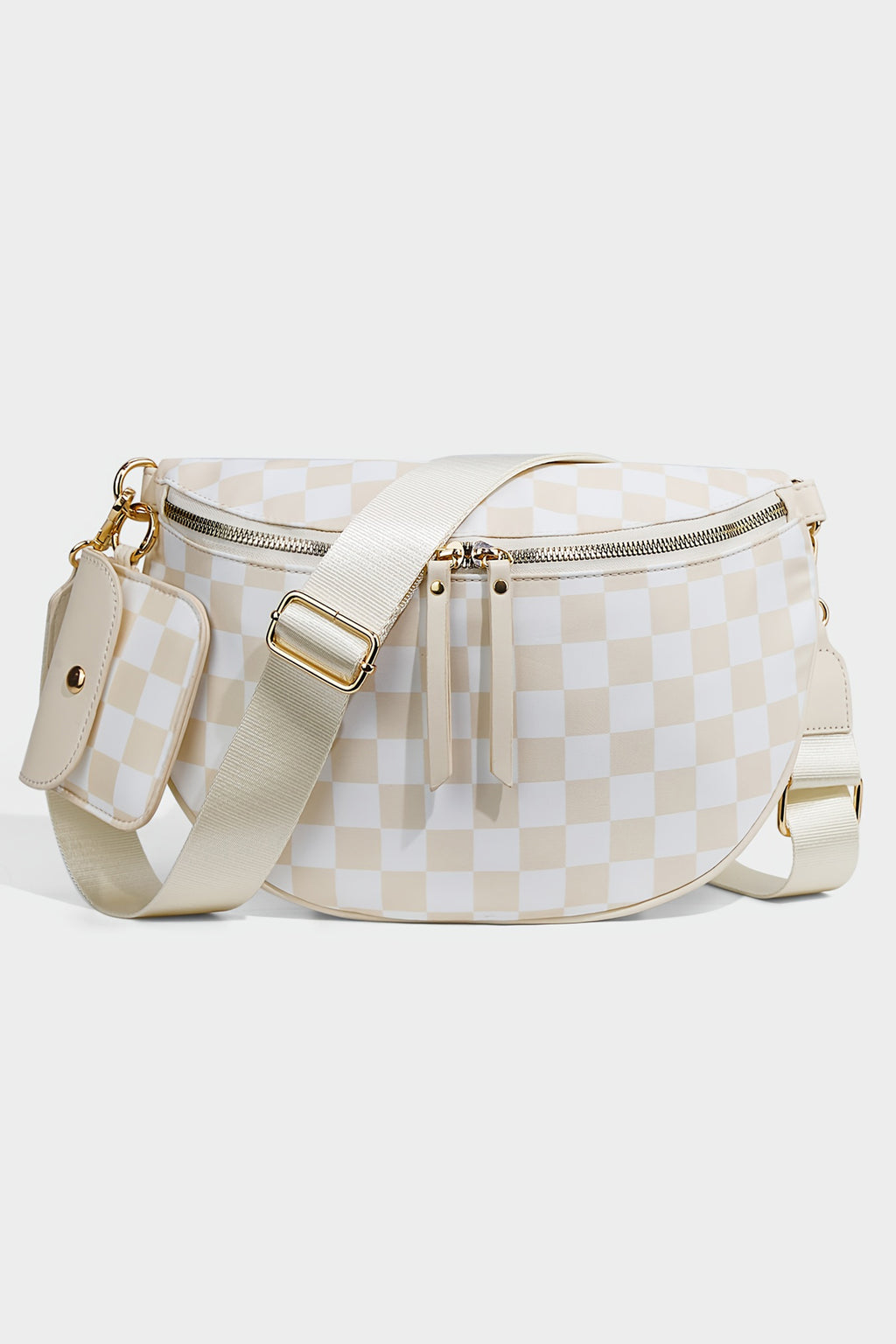 White Checkered Crescent Shoulder Bag with Detachable Pouch