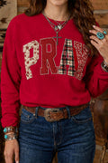 Racing Red Floral Buffalo Plaid Striped Embroidered Patch Western Pullover Sweatshirt