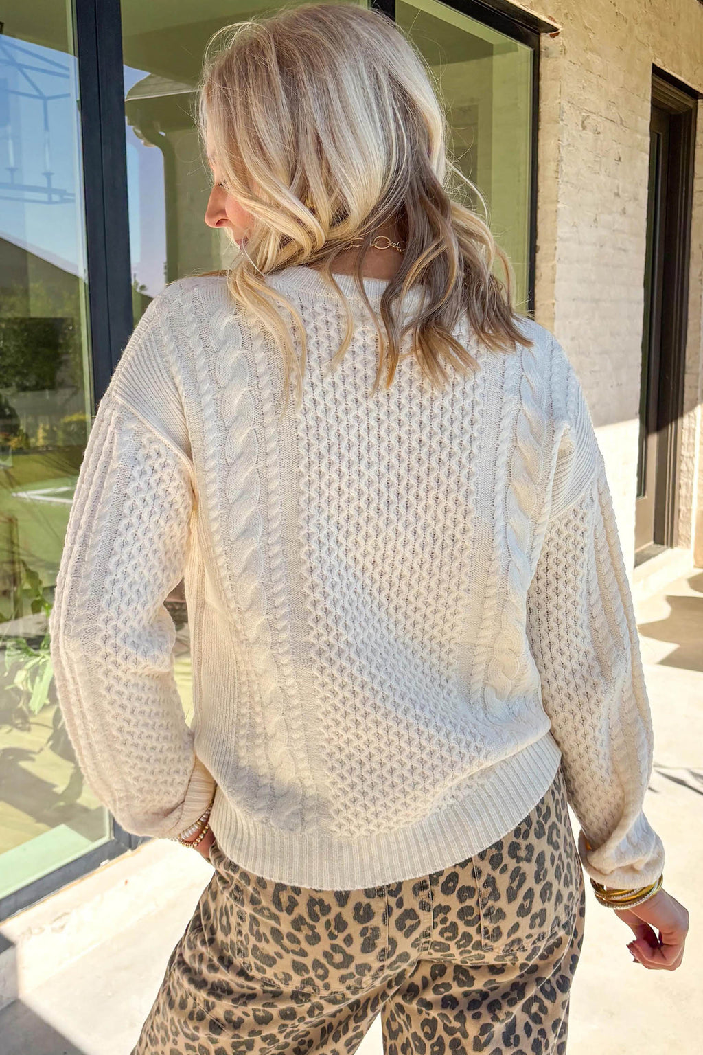 Beige Solid Color Cable Detail Knit Loose Round Neck Sweater