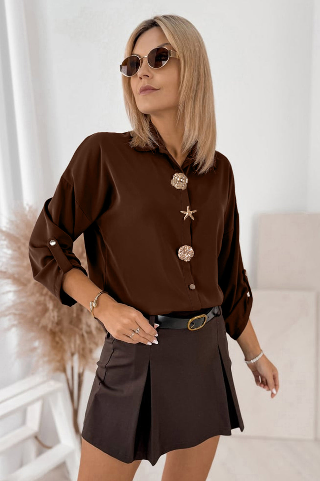 Coffee Multi Button Decoration Tab Long Sleeve Casual Shirt