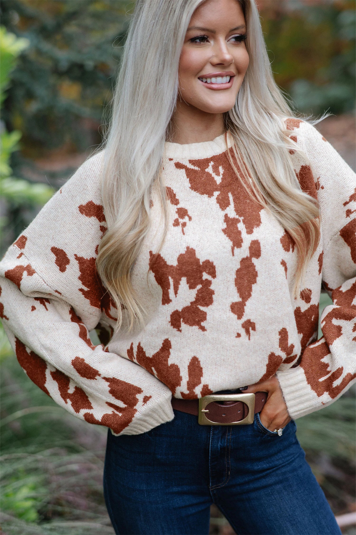 Khaki Abstract Print Drop Shoulder Long Sleeve Round Neck Sweater