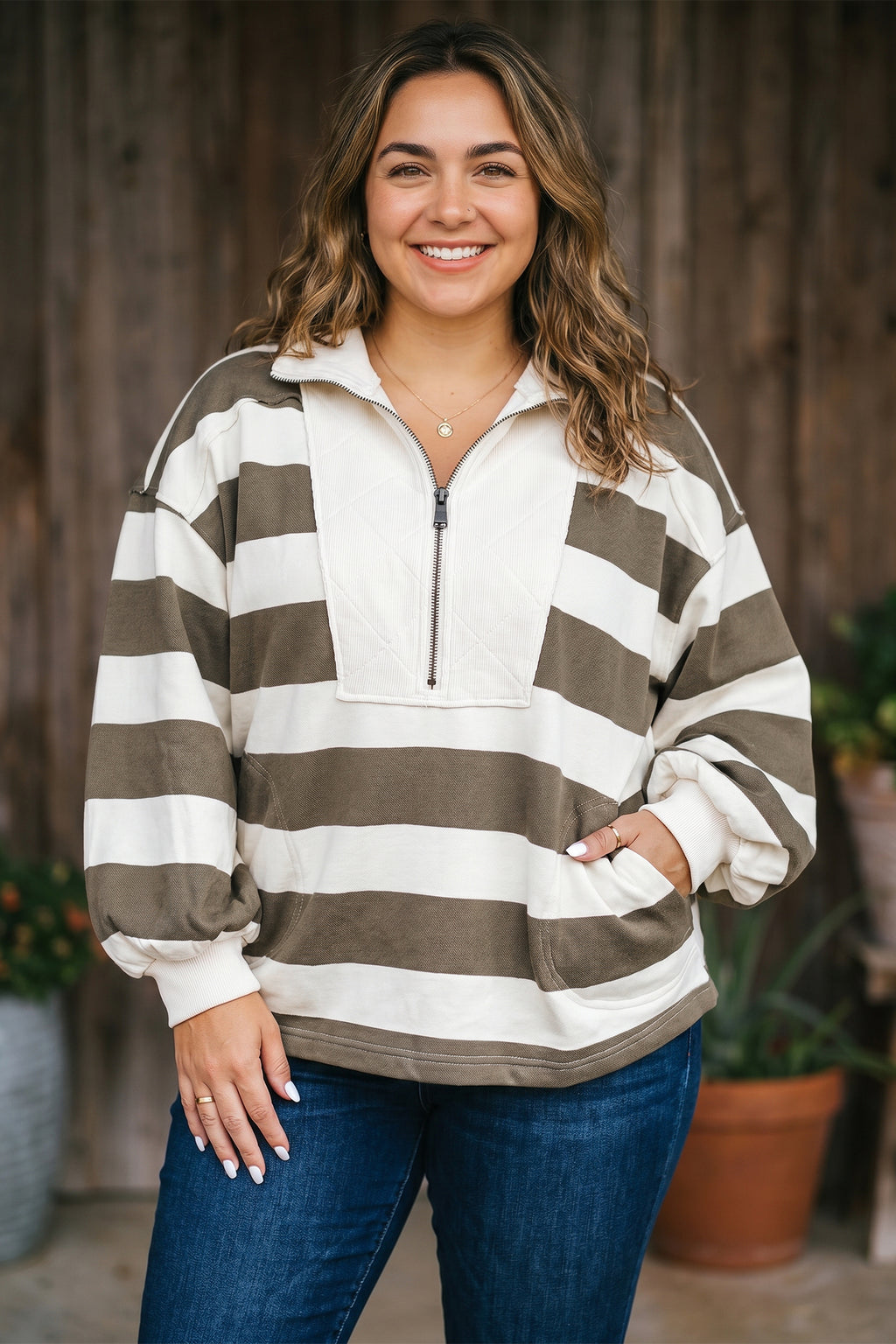 Green Stripe Plus Size Half Zipped Casual Sweatshirt
