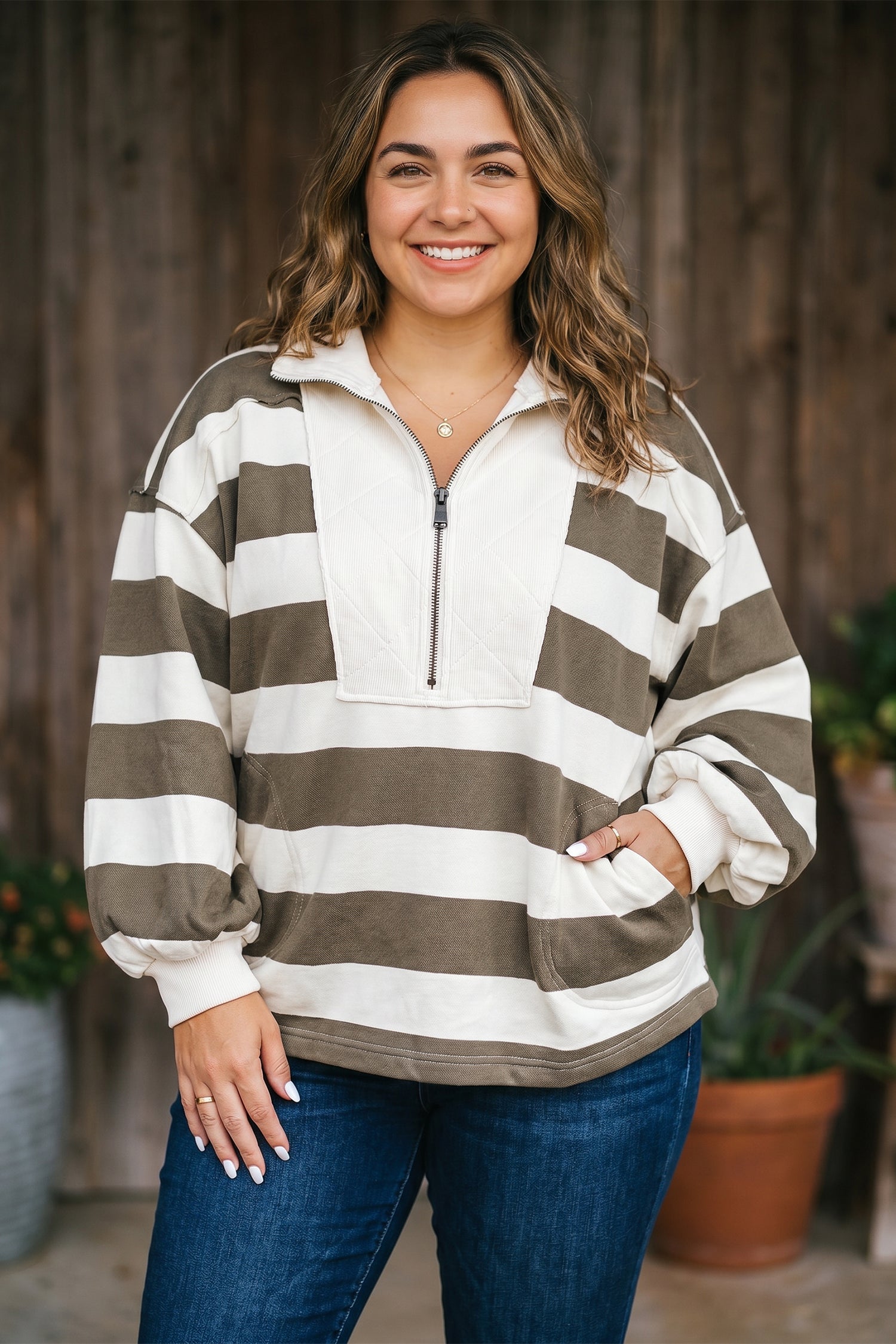 Green Stripe Plus Size Half Zipped Casual Sweatshirt