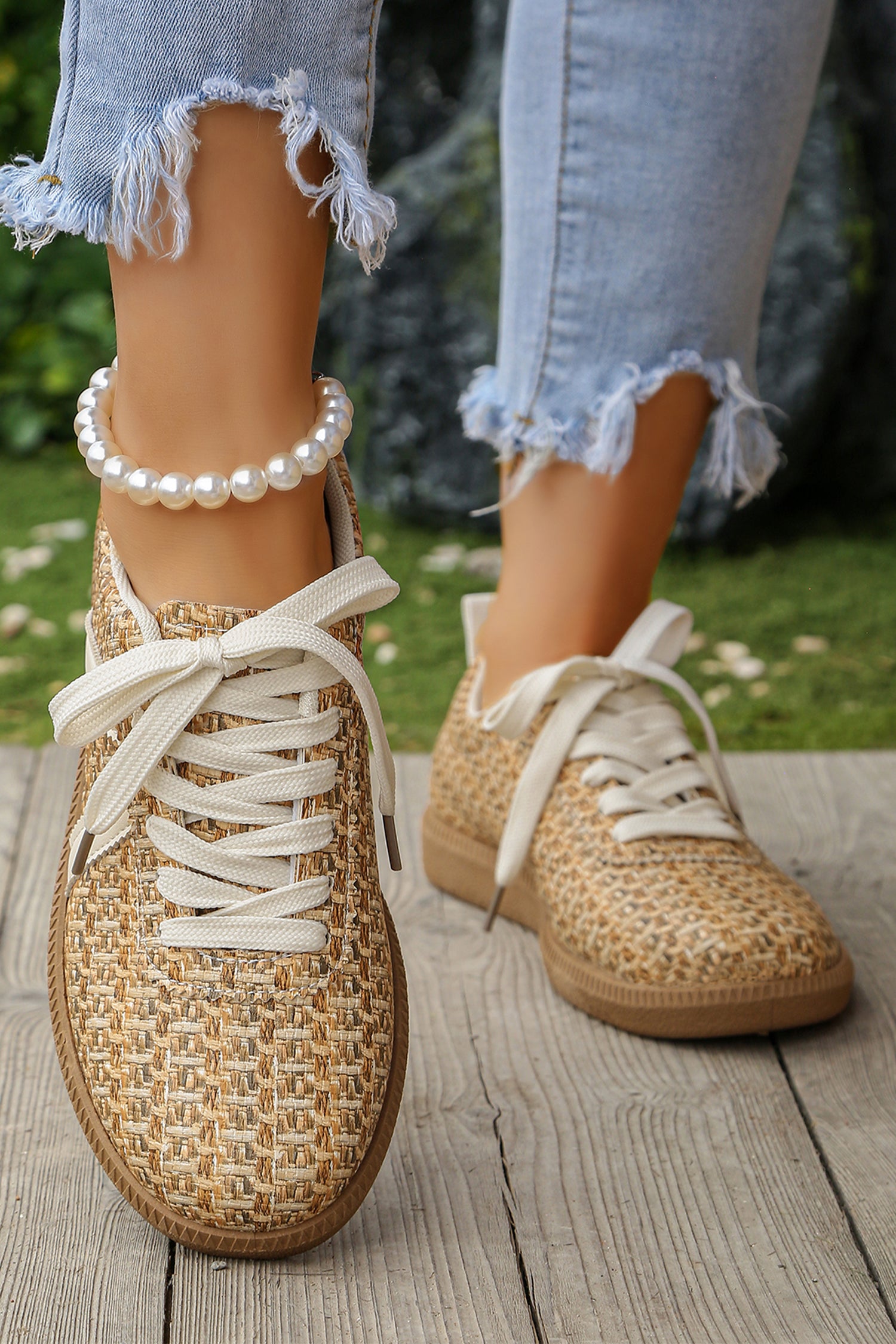 Gold Stylish Woven Lace Up Flat Shoes