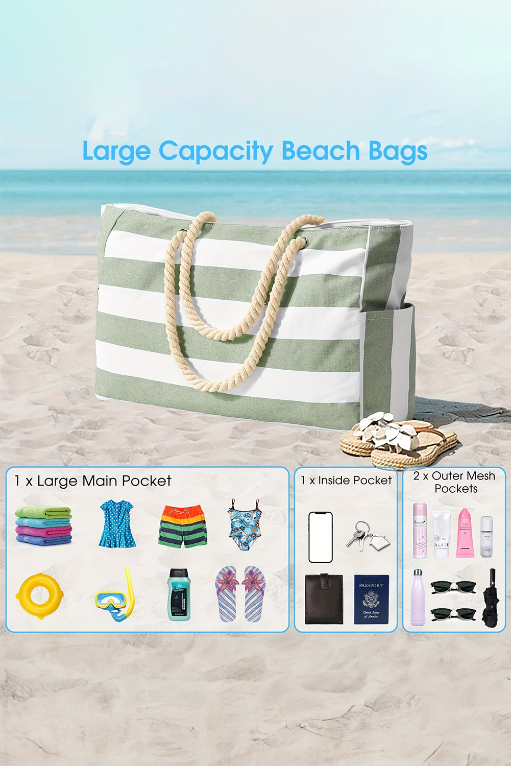Light Blue Striped Waterproof Canvas Large Capacity Tote Bag
