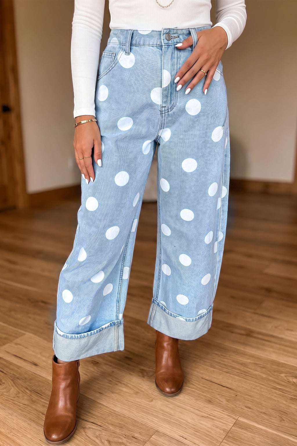 Sky Blue Polka Dot Ankle-Length Metal Button Casual Jeans