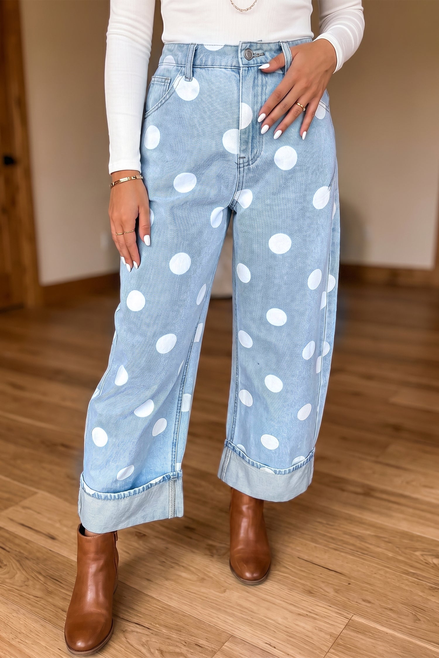 Sky Blue Polka Dot Ankle-Length Metal Button Casual Jeans