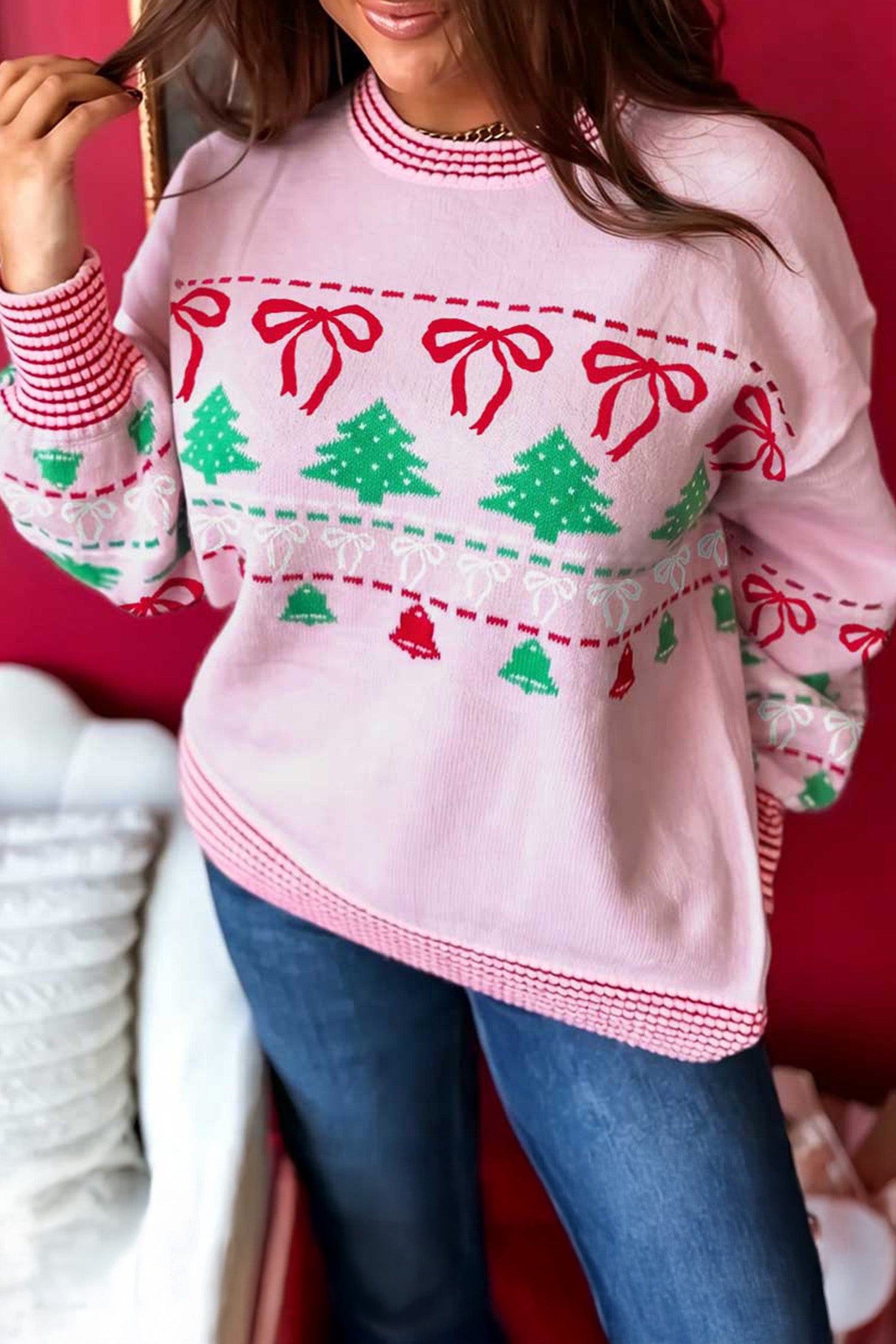 Pink Festive Holiday Print Round Neck Loose Tunic Sweater