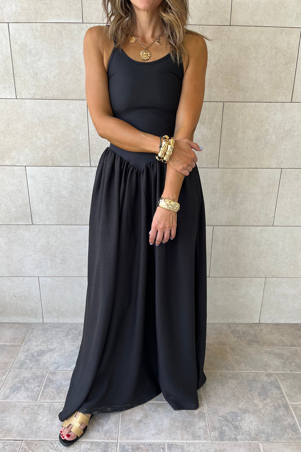 Black Spaghetti Straps Drop Waist Ribbed Patchwork Maxi Dress