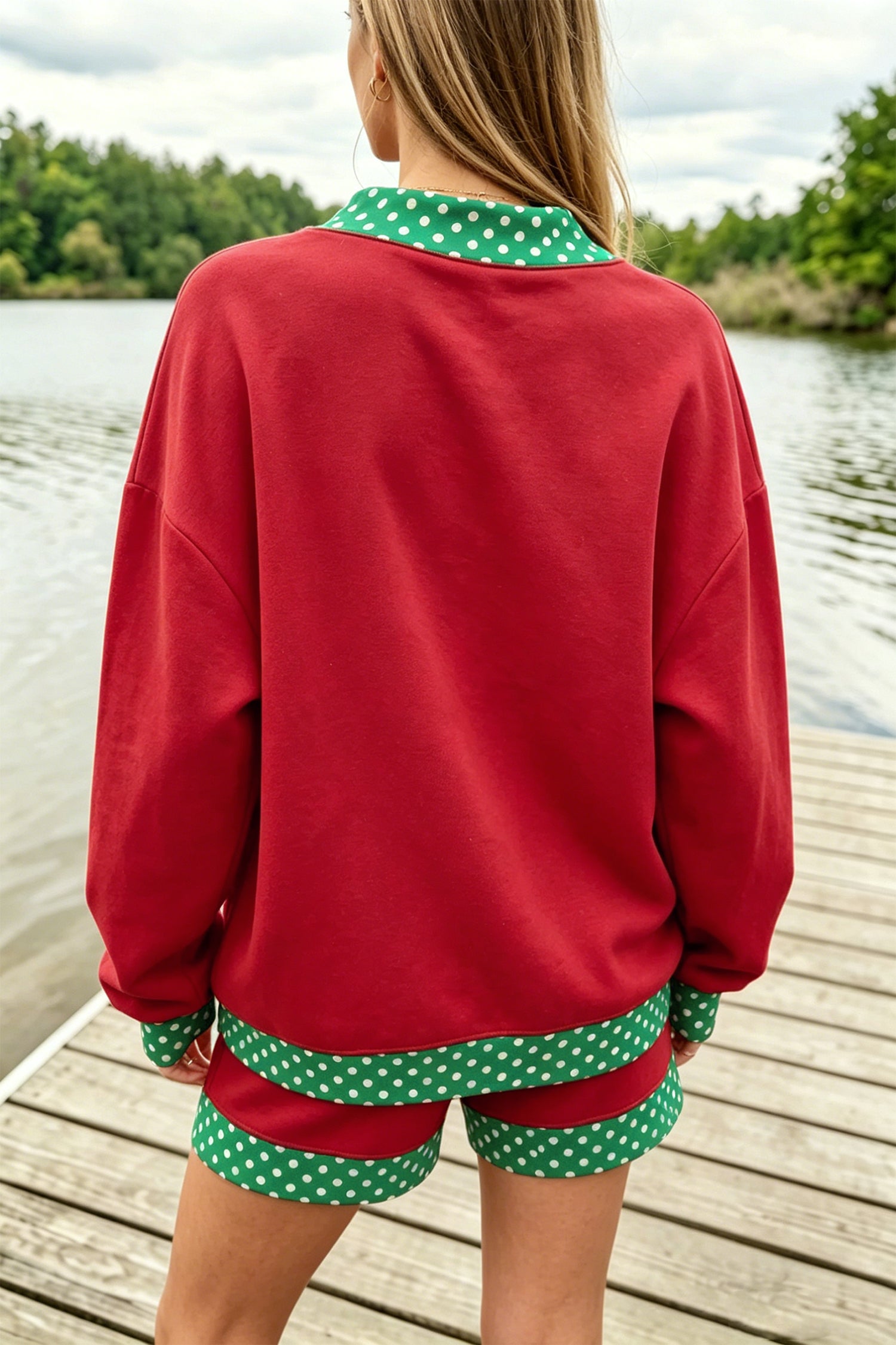 Racing Red Polka Dot Trim Baggy Pullover 2pcs Short Set