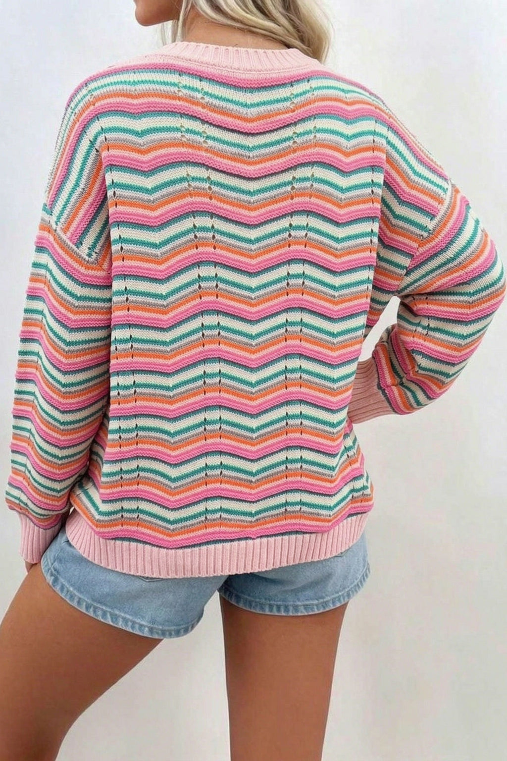Multicolour Casual Chevron Striped Drop Shoulder Sweater