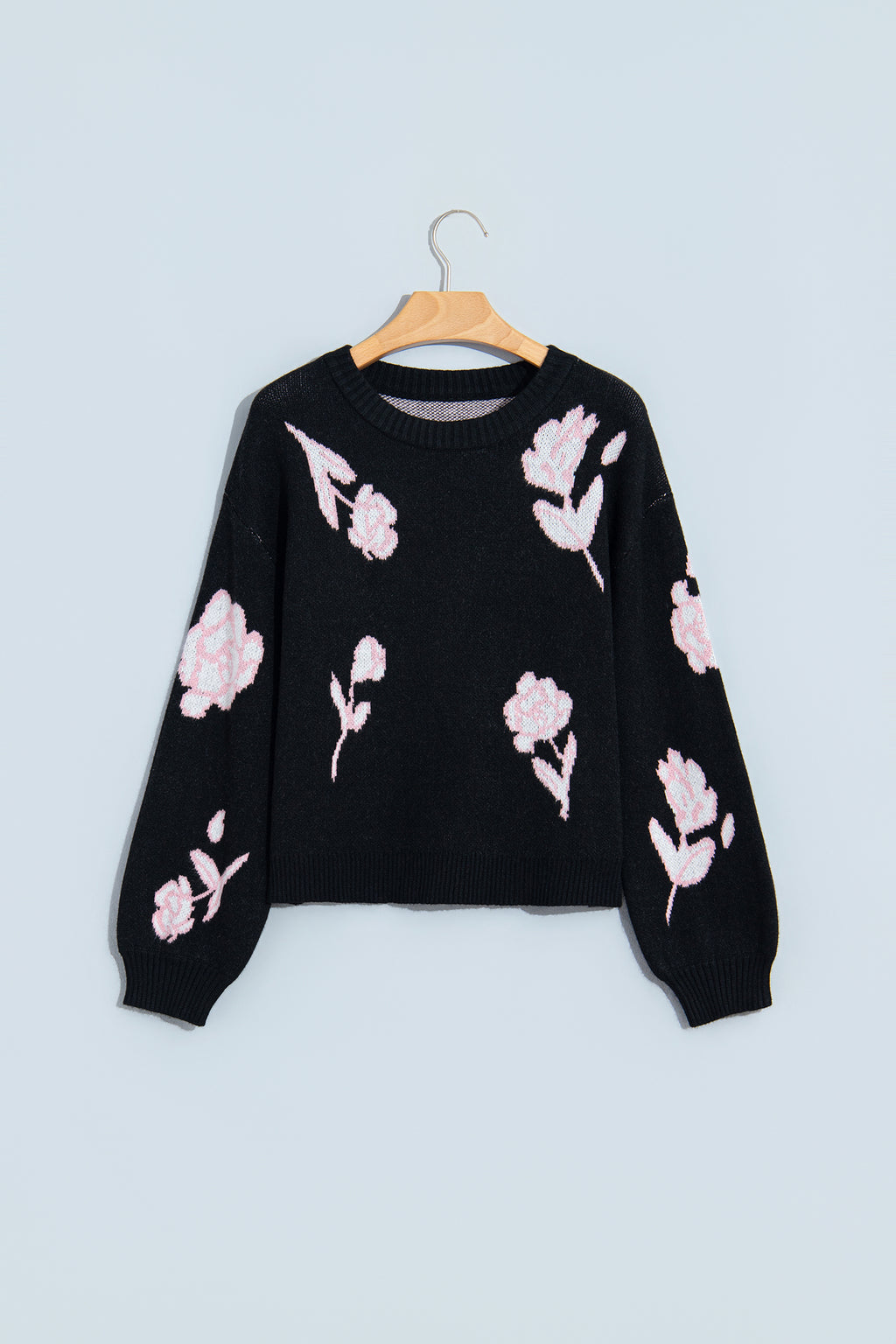 Black Floral Pattern Puff Sleeve Dropped Shoulder Pullover Sweater