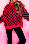 Red Checkered Print High Neck Baggy Sweatshirt
