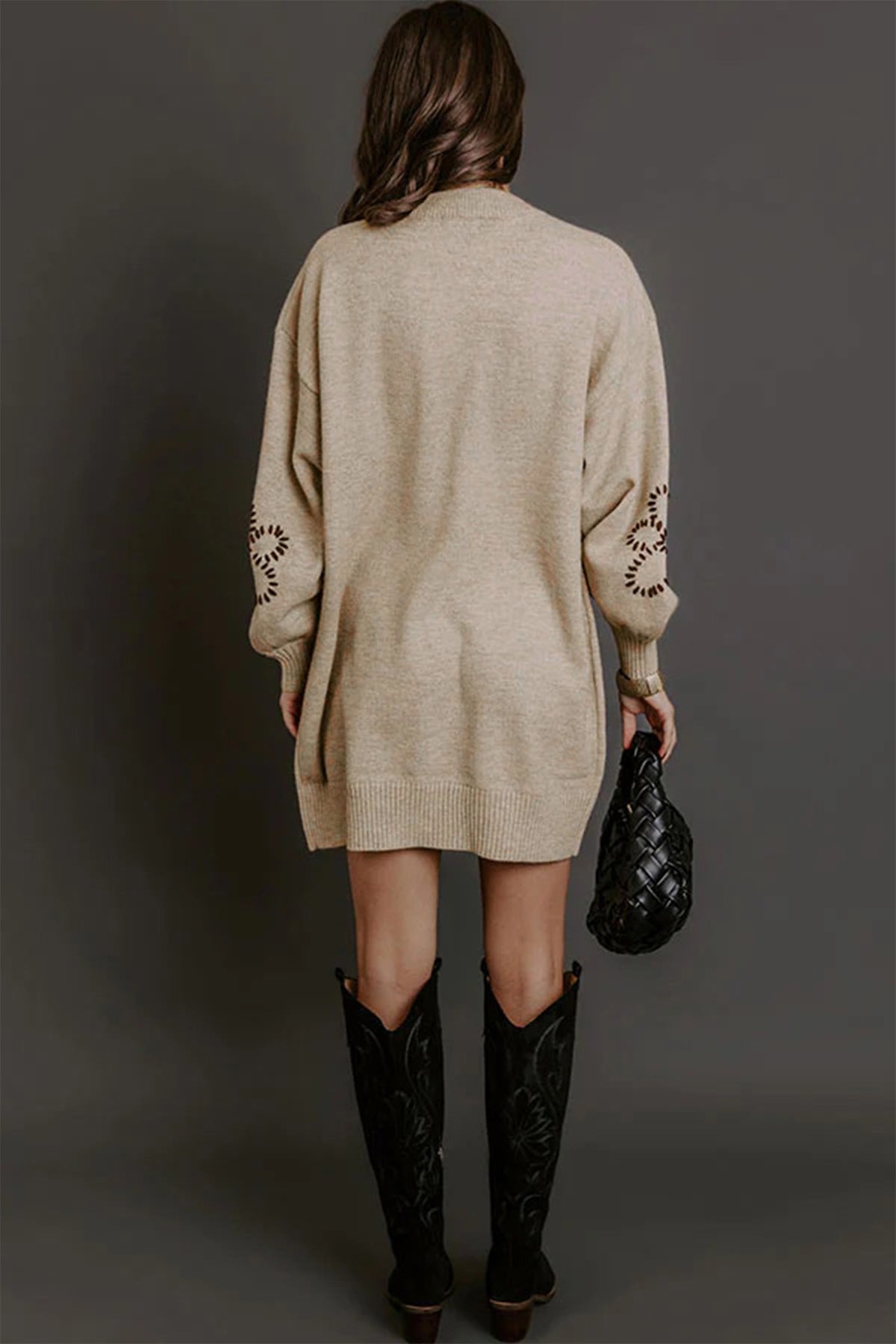 Parchment Floral Pattern Round Neck Puff Sleeve Shift Sweater Dress