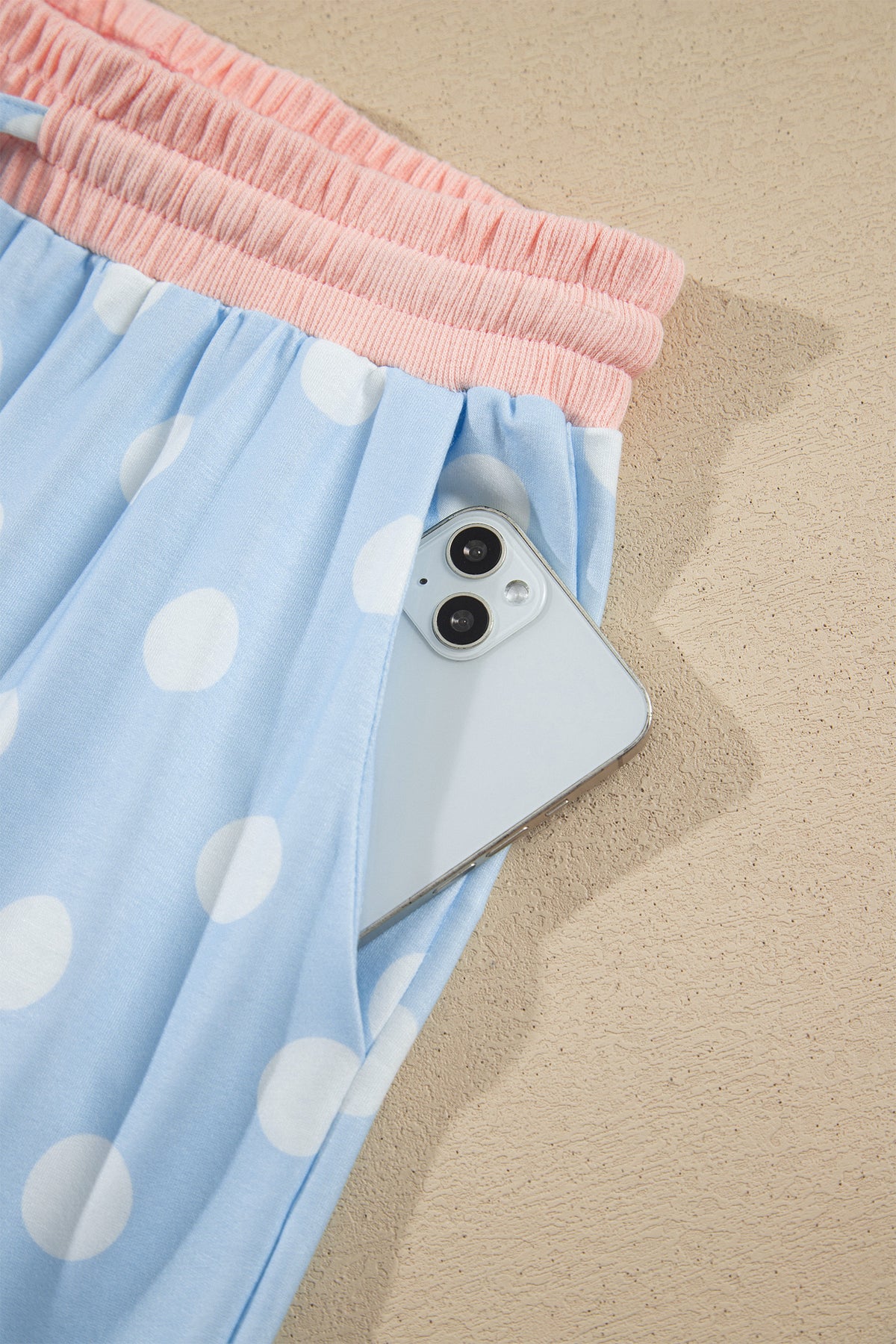 Pink Polka Dot Contrast Trim Long Sleeve Top Drawstring Shift Pants Set