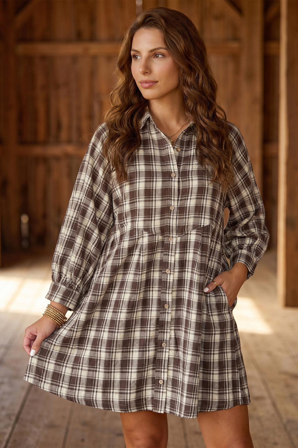 Brown Plaid Long Sleeve Short Shift Mini Dress