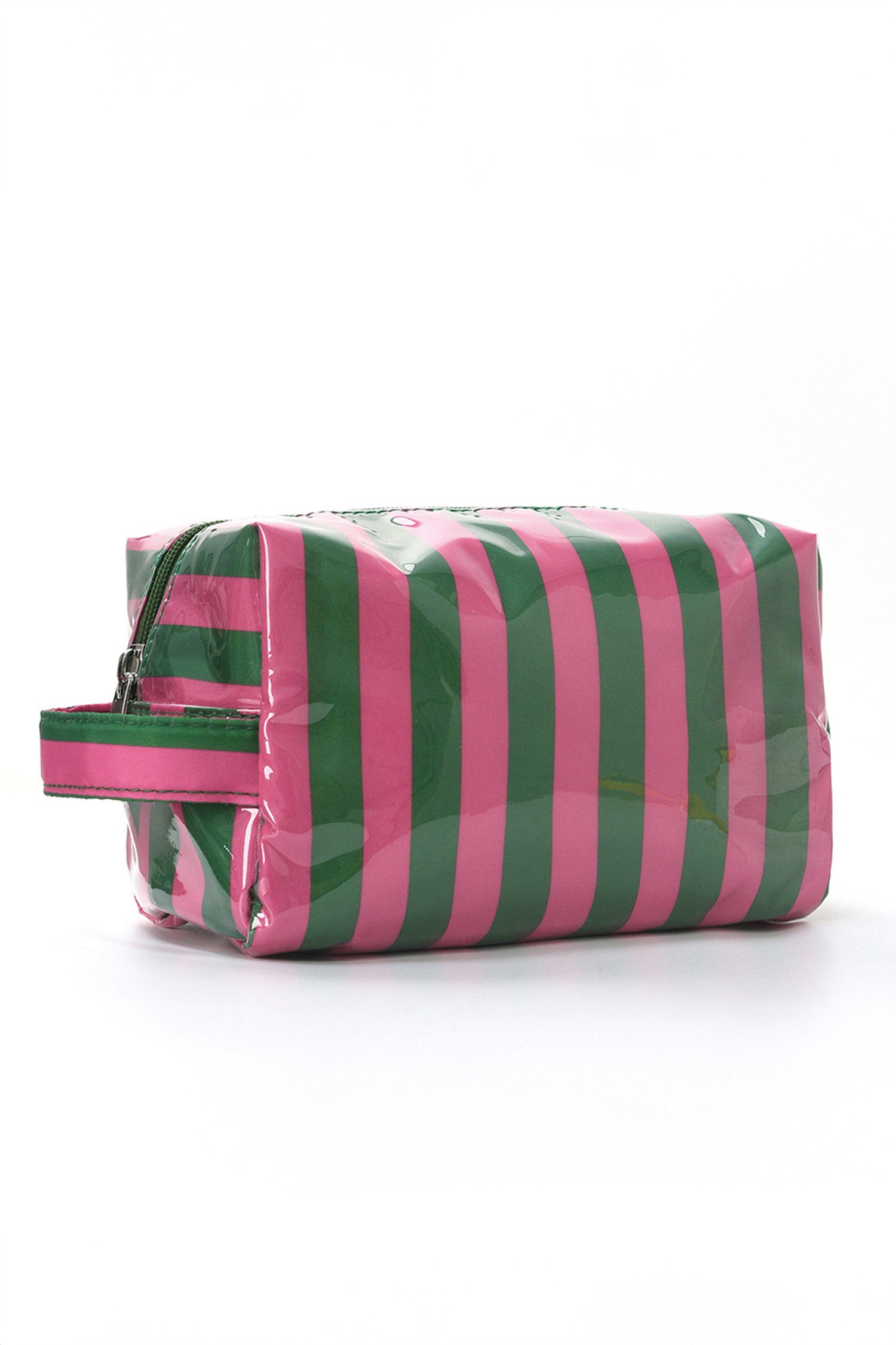 Fiery Red PVC Striped Cosmetic Bag Durable Zipper Handle Travel Organizer