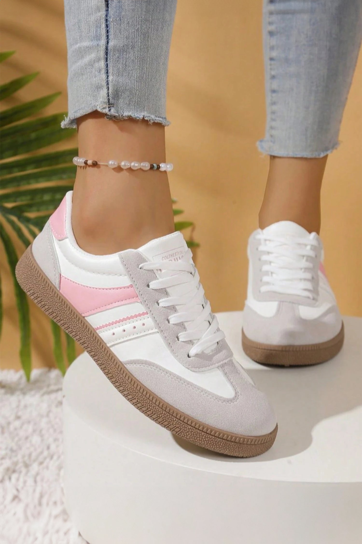 Pink Fashionable Patchwork Lace Up Low Top Casual Flat Sneakers