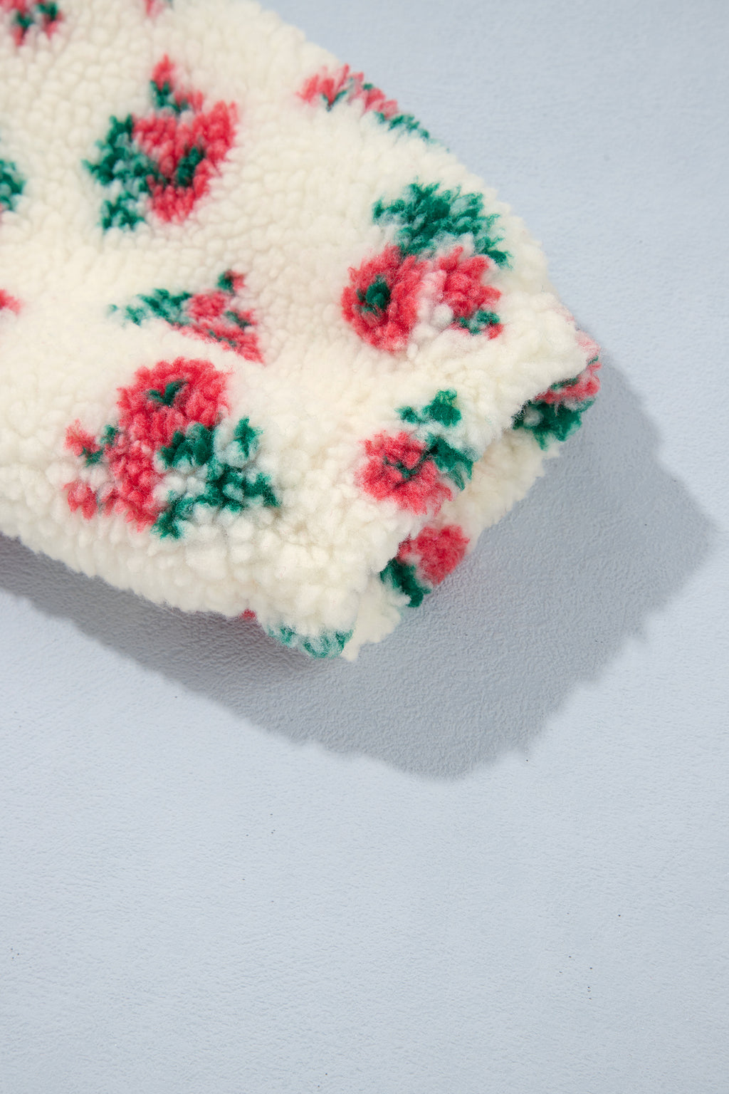 White Floral Print Fleece Contrast Trim Button Collar Sweatshirt