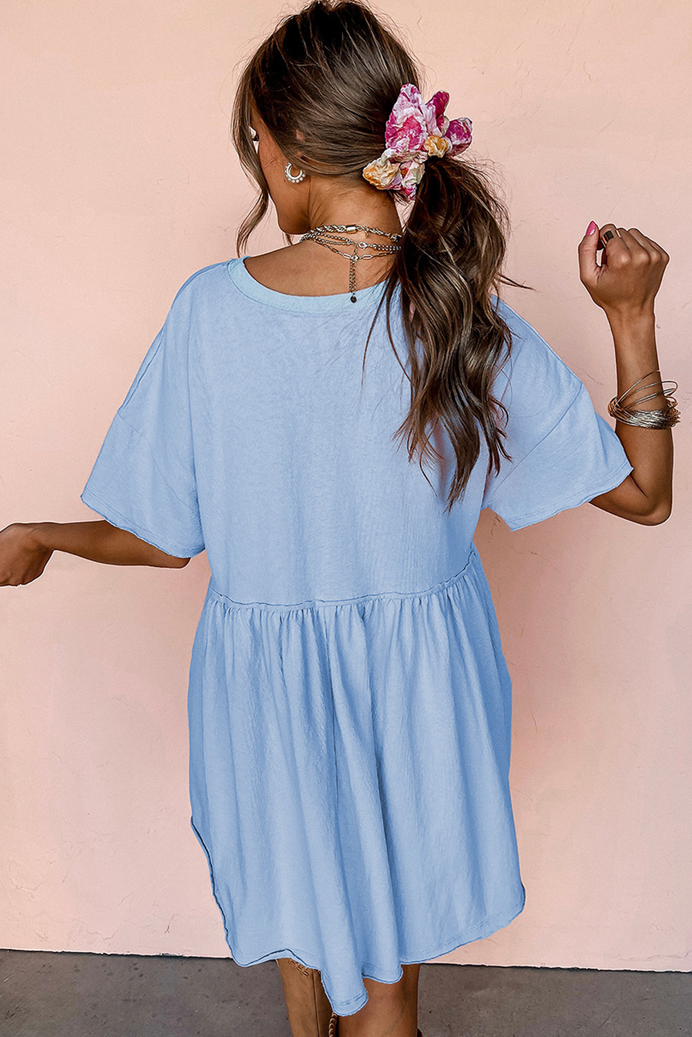 Sky Blue USA Flag Print Short Sleeve High Waist Babydoll Dress