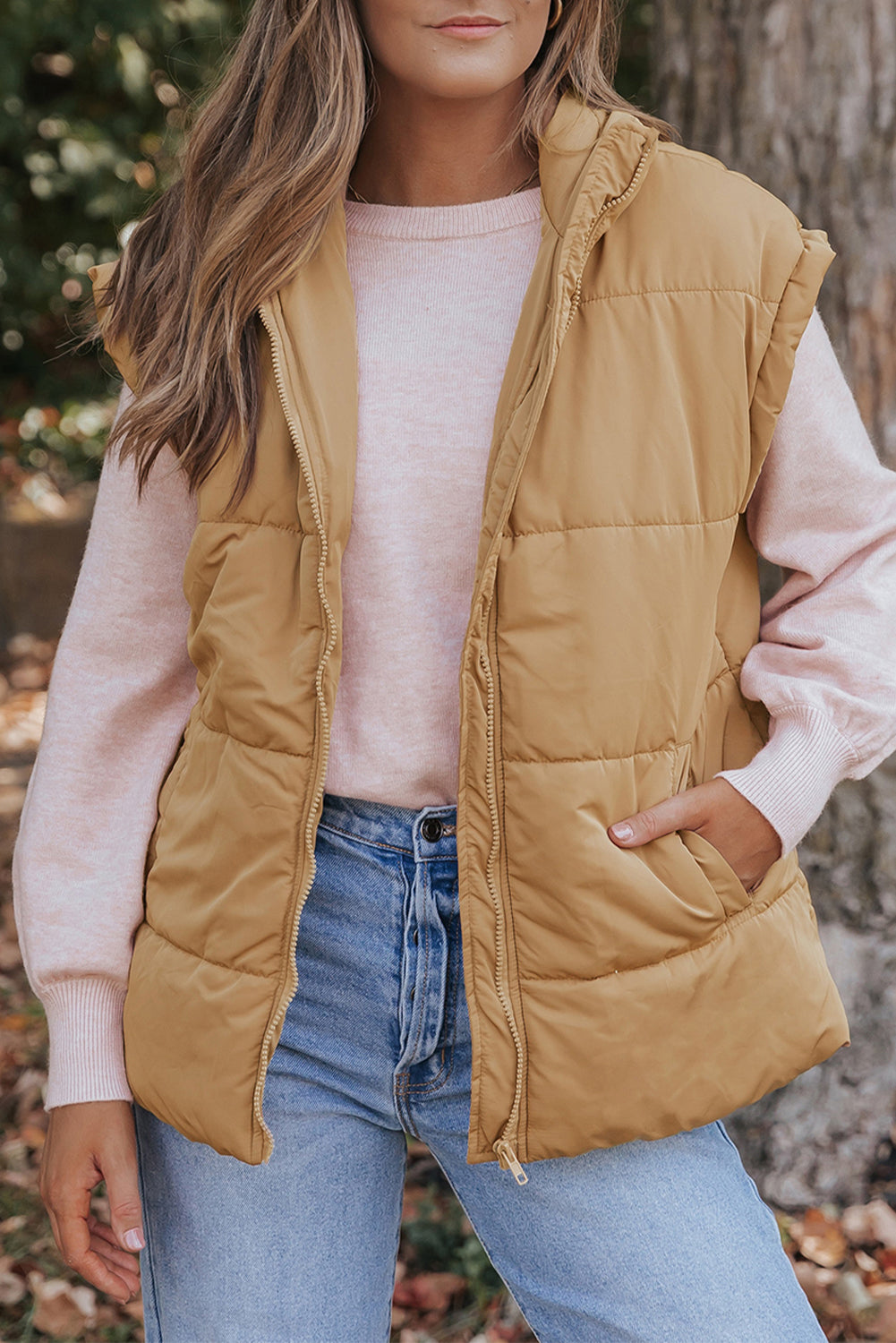 Khaki Oversized Stand Collar Zip Winter Vest