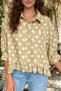 Khaki Polka Dot Print Three Quarter Sleeve Ruffle Hem Casual Shirt