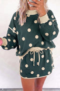 Green Polka Dot Print Color Block Trim Baggy Pullover Drawstring Skirt 2pcs Set