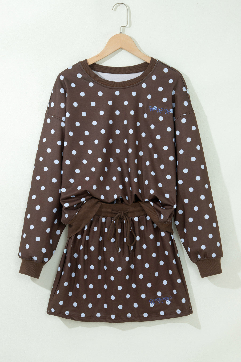 Brown Polka Dot Long Sleeve Pullover Embroidered Bow Detail 2pcs Skort Set
