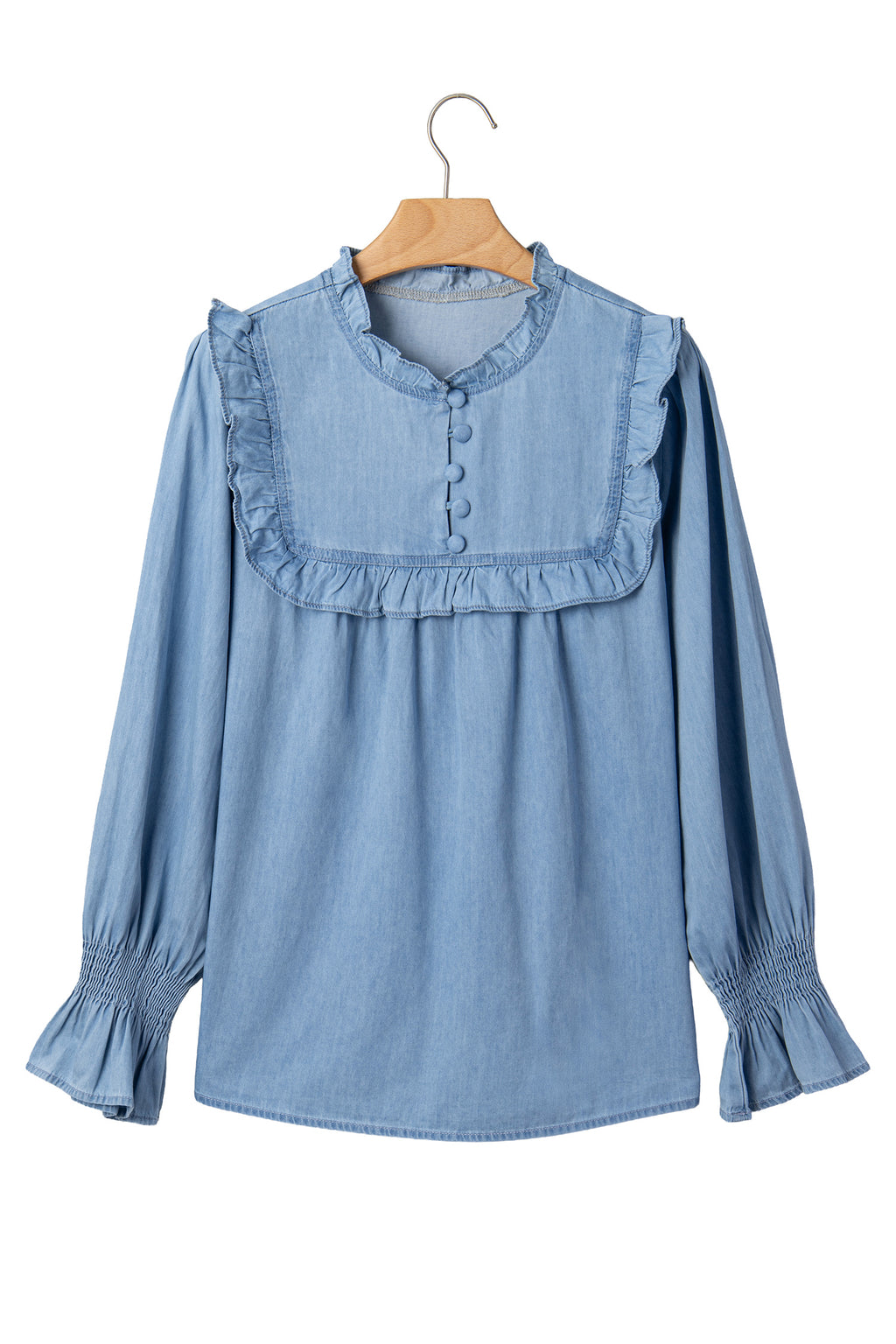 Beau Blue Western Ruffle V Neck Long Sleeve Chambray Blouse