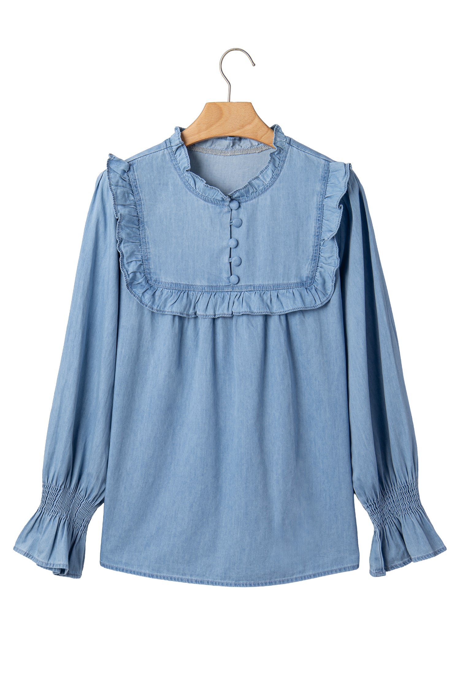 Beau Blue Western Ruffle V Neck Long Sleeve Chambray Blouse