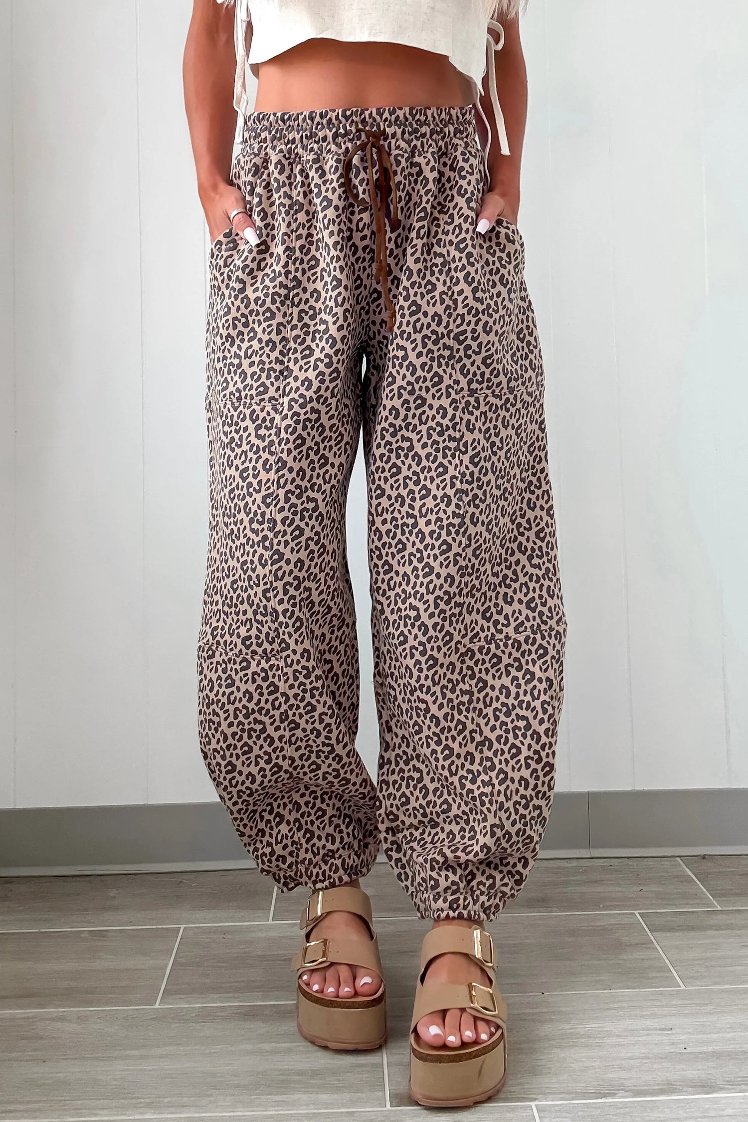 Khaki Leopard Print Elastic Waist Ankle Length Pants