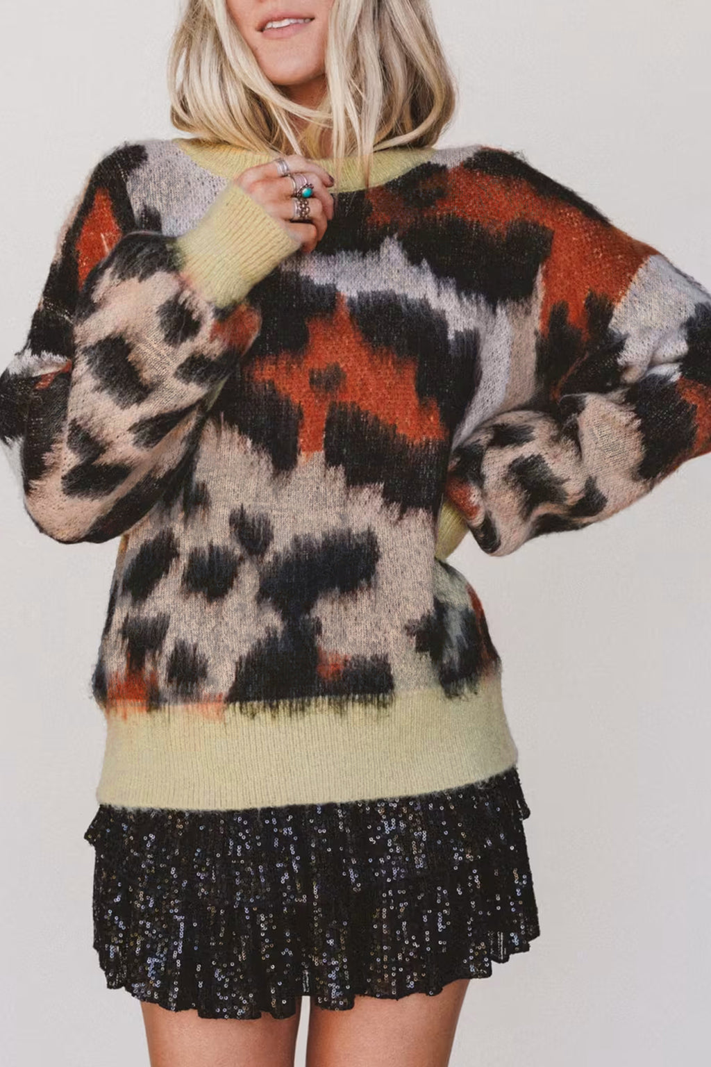 Khaki Leopard Print Drop Shoulder Long Sleeve Round Neck Sweater