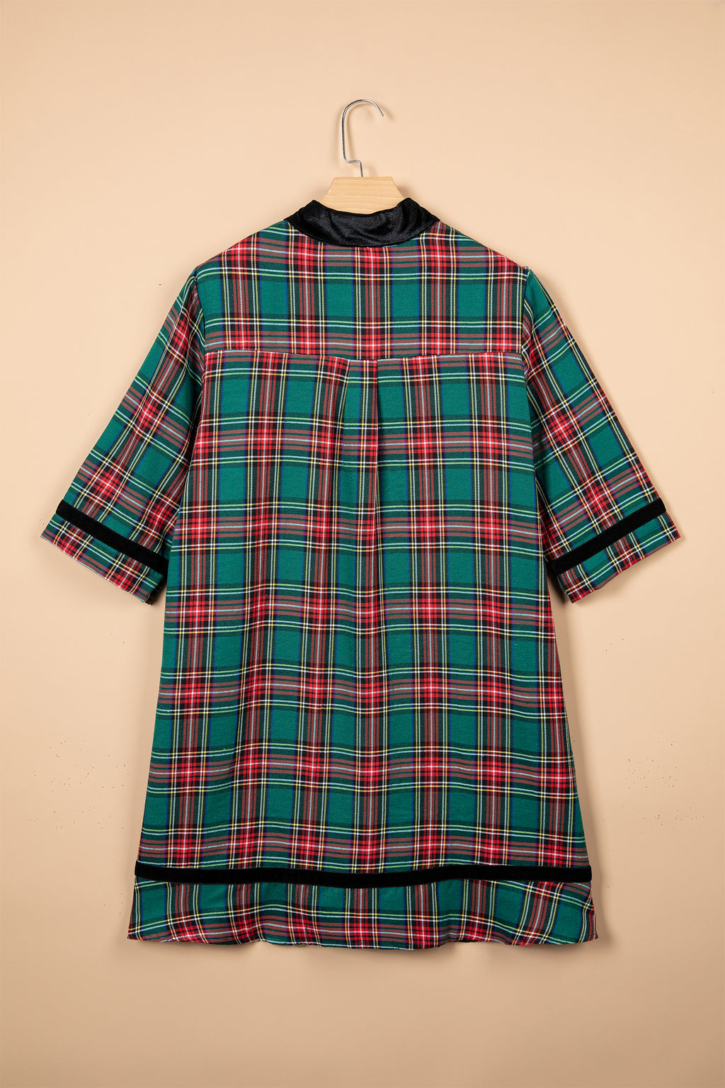 Green Plaid Velvet Trim Pockets Short Shift Dress