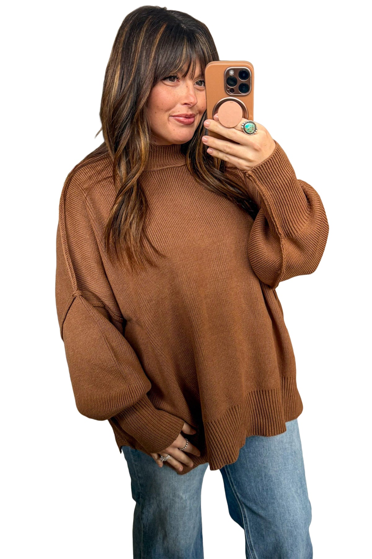 Chestnut Oversized Ribbed Knit Long Sleeve Tunic Plus Size Sweater