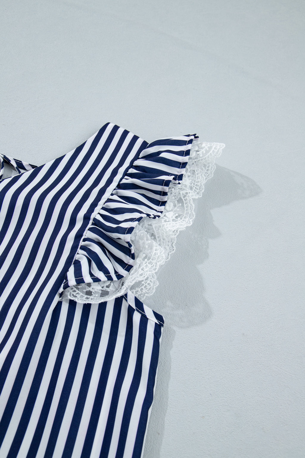 Blue Stripe V Neck Lace Contrast Ruffle Trim Tank Top