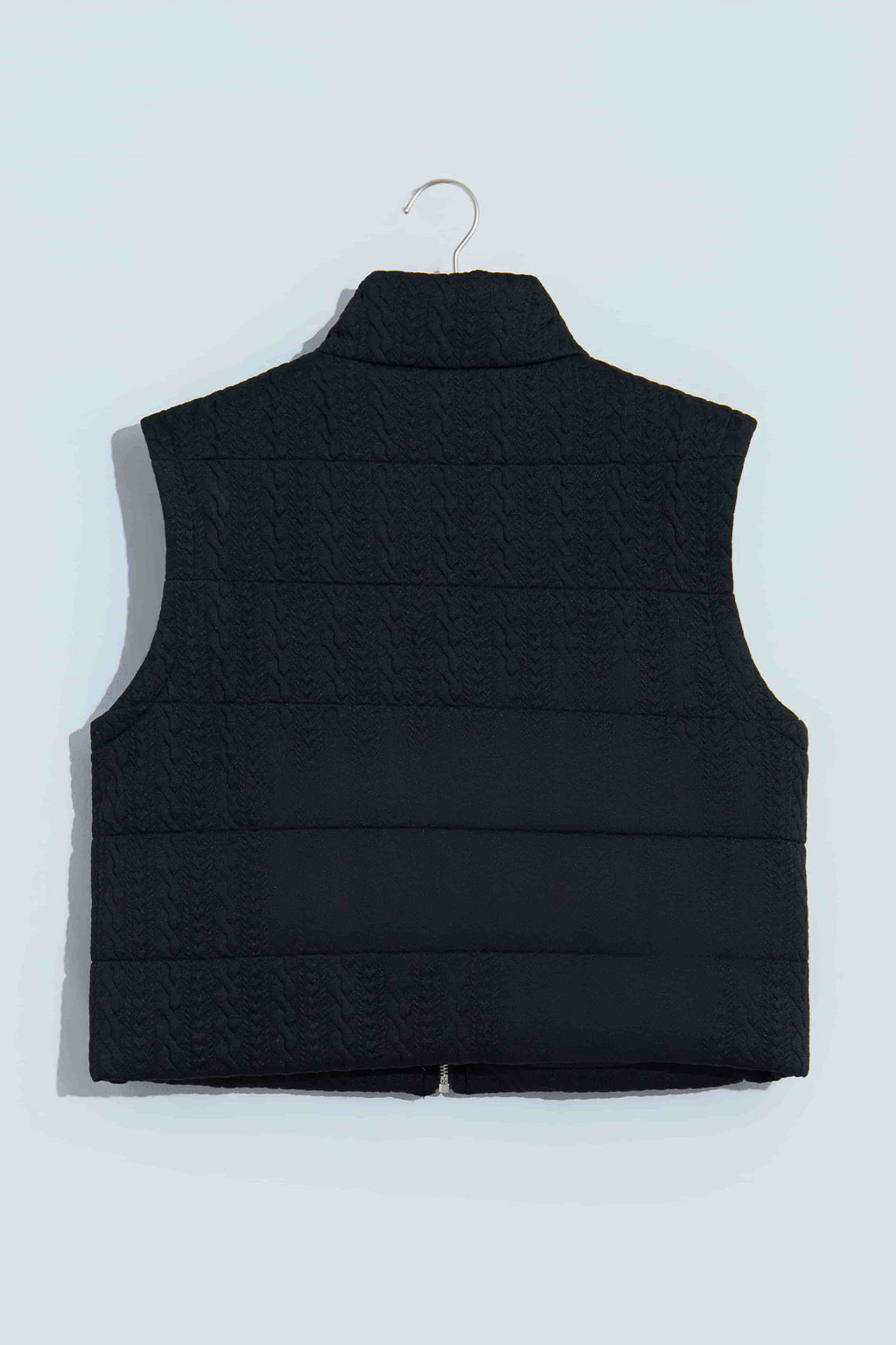 Black Textured Quilted Stand Neck Zipper Winter Vest