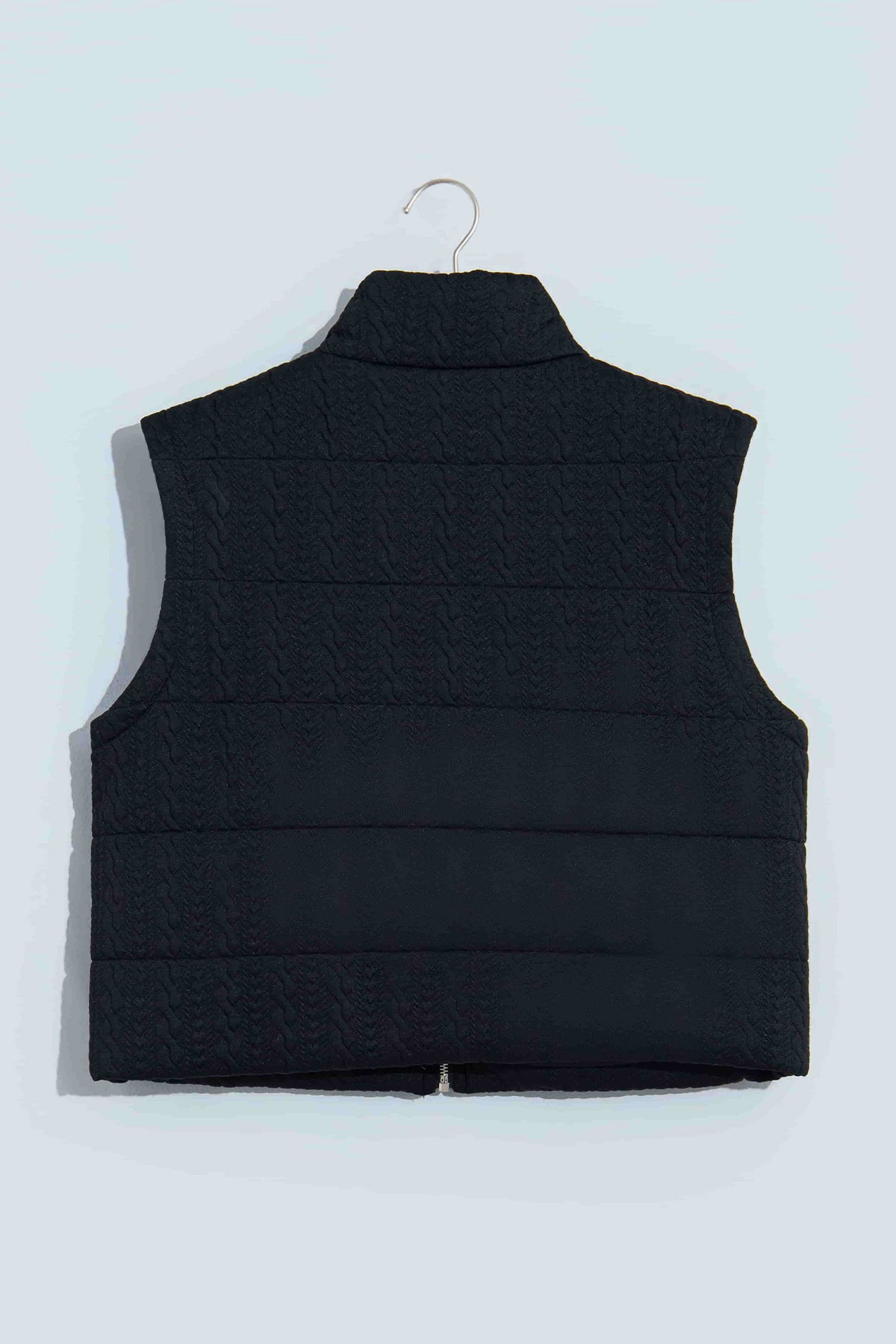 Black Textured Quilted Stand Neck Zipper Winter Vest