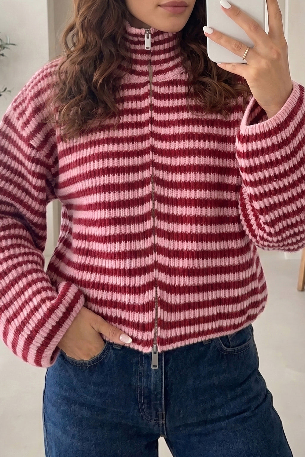 Red Stripe Striped High Neck Zip-up Sweater Long Sleeve Casual Fit Drop Shoulder Open Front Cardigan